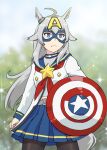  1girl animal_ears bangs blue_eyes blue_sailor_collar blue_skirt captain_america highres holding holding_shield horse_ears horse_girl horse_tail jacket long_hair long_sleeves marvel mask neckerchief oguri_cap_(umamusume) parody pleated_skirt pun red_neckwear sailor_collar school_uniform serafuku shield shirt sidelocks silver_hair skirt solo tail ueyama_michirou umamusume white_jacket white_shirt 