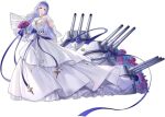  1girl artillery azur_lane bare_shoulders bouquet breasts bridal_veil bride dress eyebrows_visible_through_hair flower full_body gloves hair_between_eyes highres holding holding_bouquet indoors kaede_(yumesaki_kaede) lace-trimmed_dress lace_trim large_breasts layered_dress long_dress official_alternate_costume official_art pink_flower pink_rose purple_eyes purple_flower purple_hair purple_ribbon purple_rose ribbon rodney_(azur_lane) rodney_(palace_of_blessings)_(azur_lane) rose sideboob sleeveless sleeveless_dress solo tiara transparent_background turret veil white_dress white_gloves 