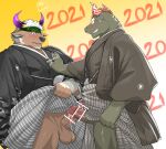  2021 2boys ^_^ absurdres alternate_costume animal_ears bar_censor bara black_kimono blush brown_fur camouflage camouflage_headwear censored chinese_zodiac closed_eyes clothes_pull cow_ears cow_horns cum cum_on_clothes erection furry grabbing gyumao_(tokyo_houkago_summoners) hakama_pants happy_new_year highres horns japanese_clothes kimono male_focus minotaur multiple_boys multiple_penises muscular muscular_male new_year pants pants_pull pectoral_grab pectorals penis penises_touching philljonskimax precum pulled_by_self purple_eyes purple_horns reward_available shennong_(tokyo_houkago_summoners) short_hair smile sweatdrop testicles thighs tokyo_houkago_summoners white_hair white_horns yaoi year_of_the_ox 