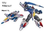  1boy blue_eyes character_name decepticon holding holding_sword holding_weapon insignia makoto_ono mecha multiple_views no_humans open_hand ramjet shoulder_cannon sword transformers weapon white_background 