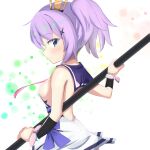  artist_request azur_lane back breasts commentary cross_hair_ornament crown dress green_eyes hair_ornament highres javelin_(azur_lane) looking_back mini_crown purple_hair sailor_collar sideboob simple_background small_breasts 