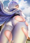  1girl ass bangs blue_eyes blue_sky blush breasts character_request cloud lens_flare long_hair looking_at_viewer looking_back nanaken_nana oshiro_project_re silver_hair sky solo sun thighs torn_clothes 