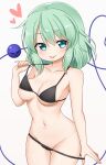  1girl areola_slip areolae bare_shoulders bikini bikini_pull blue_eyes breasts cleavage clothes_pull collarbone eyebrows_visible_through_hair eyes_visible_through_hair green_hair groin heart highres komeiji_koishi looking_at_viewer medium_breasts medium_hair midriff navel suwa_yasai swimsuit third_eye tongue tongue_out touhou underboob 