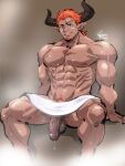  1boy abs bara dark-skinned_male dark_skin draph facial_hair feet_out_of_frame flaccid goatee granblue_fantasy highres kirupi lantana_(granblue_fantasy) large_pectorals male_focus mature_male muscular muscular_male naked_towel nipples nude orange_hair pectorals penis pointy_ears short_hair sitting smile solo steam stomach sweat towel uncensored veins wet 