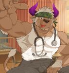  1boy abs animal_ears arm_up armpit_peek bara bare_pectorals bare_shoulders black_pants brown_fur bulge camouflage camouflage_headwear chest_hair covered_abs cow_ears cow_horns doctor foreshortening furry gapao_(gapao0520) highres horns large_pectorals looking_at_viewer male_cleavage male_focus minotaur muscular muscular_male nipples pants pectorals purple_eyes purple_horns raised_eyebrow shennong_(tokyo_houkago_summoners) short_hair sidepec solo stethoscope stomach tail_raised tank_top thick_thighs thighs tokyo_houkago_summoners white_hair white_tank_top 