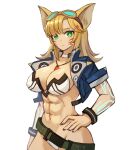  1girl abs absurdres animal_ears arm_at_side bangs belt blonde_hair breasts cat_ears commentary cowboy_shot cropped_jacket english_commentary expressionless facial_mark goggles goggles_on_head green_eyes hair_ornament hairclip hand_on_hip highres jewelry large_breasts long_hair looking_at_viewer midriff muscular muscular_female pendant phantasy_star phantasy_star_online_2 revealing_clothes short_sleeves simple_background solo sookmo whisker_markings white_background 