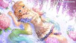  1girl :d ahoge apple_caramel arm_up bangs bare_shoulders blonde_hair blue_eyes blue_flower blue_hair blue_rose blush bow breasts commentary commission dress english_commentary eyebrows_visible_through_hair feet_out_of_frame flower frilled_dress frills gradient_hair green_hair highres hydrangea long_hair looking_at_viewer low_twintails lying multicolored_hair off-shoulder_dress off_shoulder on_back open_mouth original pink_flower purple_flower rose shallow_water small_breasts smile solo twintails upper_teeth very_long_hair water white_bow white_dress wisteria 
