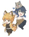  2boys agatsuma_zenitsu animal_ears black_pants blonde_hair blue_hair boar_mask brown_eyes dog_ears dog_tags fur green_eyes haori hashibira_inosuke highres japanese_clothes kimetsu_no_yaiba male_focus mask mask_on_head multicolored_hair multiple_boys open_mouth pants papajay_(jennygin2) shirtless simple_background tail tears triangle_print white_background 