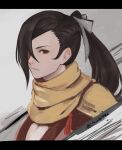  1girl black_hair breasts brown_eyes cleavage cleavage_cutout clothing_cutout cm_lynarc ears expressionless fire_emblem fire_emblem_fates hair_ribbon highres jitome kagero_(fire_emblem) long_bangs looking_at_viewer one_eye_covered ponytail ribbon scarf tassel upper_body white_ribbon yellow_scarf 