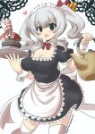  1girl absurdres alternate_costume apron blush_stickers bow breasts cleavage commentary_request cup_noodle enmaided eyebrows_visible_through_hair goma_(gomasamune) hair_between_eyes heart highres holding holding_kettle holding_tray kantai_collection kashima_(kancolle) kettle long_hair looking_at_viewer maid maid_apron maid_headdress medium_breasts open_mouth puffy_short_sleeves puffy_sleeves short_sleeves silver_hair smile solo thighhighs tray twintails twitter_username white_legwear 
