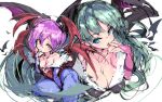  2girls aqua_eyes breasts bridal_gauntlets collarbone demon_girl finger_to_mouth fujishima-sei_ichi-gou green_hair highres large_breasts leotard lilith_aensland long_hair looking_at_viewer morrigan_aensland multiple_girls pantyhose purple_hair purple_legwear red_eyes red_leotard short_hair simple_background sketch small_breasts vampire_(game) white_background 