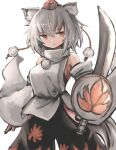  1girl animal_ears aoiyamagi4 bare_shoulders breasts detached_sleeves hat inubashiri_momiji leaf_print maple_leaf_print pom_pom_(clothes) red_eyes shirt short_hair sideboob silver_hair skirt solo sword tail tokin_hat touhou weapon wolf_ears wolf_tail 