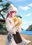  1girl au_ra beach blue_eyes blurry blurry_background braid braided_ponytail commission day dragon_horns final_fantasy final_fantasy_xiv hair_between_eyes hat highres horns jacket long_hair lyra-kotto oil-paper_umbrella one_eye_closed open_clothes open_jacket outdoors red_hair scales solo turtle umbrella 