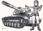  1girl ballpoint_pen_(medium) bangs boots clenched_hand commentary_request emblem extra gesture girls_und_panzer gloves greyscale ground_vehicle helmet helmet-chan_(girls_und_panzer) highres jacket long_sleeves looking_at_viewer military military_uniform military_vehicle monochrome motor_vehicle nspa_(spa-jcs) open_mouth partial_commentary saunders_military_uniform short_hair short_shorts shorts smile solo standing star_(symbol) t54 tank tank_helmet traditional_media twitter_username uniform 