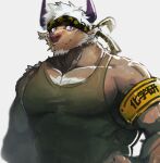  1boy animal_ears bara be_(2368230) brown_fur camouflage camouflage_headwear chest_hair covered_abs cow_ears cow_horns furry green_tank_top horns large_pectorals looking_at_viewer male_cleavage male_focus minotaur mint muscular muscular_male pectorals purple_eyes purple_horns shennong_(tokyo_houkago_summoners) sidepec smile solo tank_top tokyo_houkago_summoners upper_body white_hair 