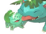  bulbasaur claws closed_eyes commentary_request face_licking fangs gen_1_pokemon happy licking newo_(shinra-p) open_mouth pokemon pokemon_(creature) saliva simple_background smile starter_pokemon tongue tongue_out venusaur white_background |d 