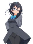  1girl ;) absurdres adapted_costume bangs bespectacled black_coat black_eyes black_hair black_pants blue-framed_eyewear blue_neckwear blue_ribbon blush bow bowtie breasts coat commentary cosplay cowboy_shot frilled_sleeves frills glasses greater_lophorina_(kemono_friends) hair_ribbon hand_on_hip hand_on_own_cheek hand_on_own_face head_wings highres kemono_friends long_sleeves looking_at_viewer medium_breasts one_eye_closed pants ribbon secretarybird_(kemono_friends) secretarybird_(kemono_friends)_(cosplay) shiraha_maru short_hair simple_background smile solo white_background wide_sleeves 