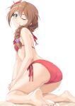  1girl ;) ass baba_konomi bangs bare_arms bare_legs bare_shoulders barefoot bikini braid brown_hair closed_mouth commentary eyebrows_visible_through_hair flower from_behind green_eyes hair_between_eyes hair_flower hair_ornament hair_over_shoulder hair_scrunchie idolmaster idolmaster_million_live! kneeling legs long_hair looking_at_viewer looking_back miri_(ago550421) one_eye_closed purple_scrunchie red_bikini red_flower scrunchie side-tie_bikini signature single_braid smile soles solo swimsuit white_background 