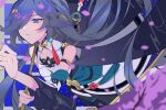  1girl bare_shoulders black_hair blue_background blue_eyes cherry_blossoms china_dress chinese_clothes dress fu_hua fu_hua_(azure_empyrea) hair_ornament hair_over_one_eye highres holding honkai_(series) honkai_impact_3rd huge_filesize kania long_hair looking_up oil-paper_umbrella open_mouth petals ponytail solo teeth tree_branch umbrella 