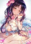  1girl bangs bare_shoulders bikini black_hair blush bracelet braid breasts chest_tattoo cleavage earrings facial_mark fate/grand_order fate_(series) flower forehead_mark hair_flower hair_ornament jewelry large_breasts long_hair looking_at_viewer multicolored_hair necklace parted_bangs pearl_bracelet pearl_earrings pearl_necklace pink_hair sarong sesshouin_kiara sesshouin_kiara_(swimsuit_mooncancer)_(fate) shell_necklace sitting smile solo streaked_hair swimsuit tattoo thighs twin_braids very_long_hair vivi_(eve_no_hakoniwa) wariza white_bikini yellow_eyes 