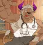  1boy :p abs animal_ears arm_up armpit_peek bara bare_pectorals bare_shoulders black_pants brown_fur bulge chest_hair covered_abs cow_ears cow_horns doctor foreshortening furry gapao_(gapao0520) highres horns large_pectorals looking_at_viewer male_cleavage male_focus minotaur muscular muscular_male nipples no_headwear pants pectorals purple_eyes purple_horns raised_eyebrow shennong_(tokyo_houkago_summoners) short_hair sidepec solo stethoscope stomach tail_raised tank_top thick_thighs thighs tokyo_houkago_summoners tongue tongue_out white_hair white_tank_top 
