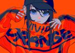  1girl absurdres baseball_cap black_hair black_headwear blue_eyes closed_mouth ear_piercing earrings english_text expressionless hand_tattoo hands_up hat high_collar highres hoop_earrings huge_filesize jacket jewelry lips long_hair long_sleeves looking_at_viewer nail_polish orange_background orange_jacket orange_lips orange_nails orange_theme original piercing ritao_kamo simple_background sleeves_past_wrists solo symbol_commentary upper_body 