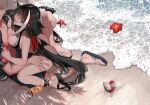  1boy 1girl azur_lane beach bikini black_bikini black_hair blue_eyes blush breasts commander_(azur_lane) deutschland_(azur_lane) deutschland_(service_time?!)_(azur_lane) dildo front-tie_bikini front-tie_top hetero highres long_hair lotion multicolored_hair sandals sex_toy side-tie_bikini streaked_hair swimsuit takeakigaku very_long_hair 