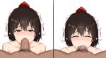  1boy 1girl black_hair blush closed_eyes commentary_request cum cum_in_mouth deepthroat fellatio furrowed_brow hat multiple_views nose_blush oral penis pointy_ears pom_pom_(clothes) pov red_eyes shameimaru_aya short_hair simple_background solo_focus tokin_hat touhou upper_body white_background wuwusan 