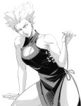  1girl absurdres bare_arms bare_shoulders breasts china_dress chinese_clothes cleavage cleavage_cutout clothing_cutout cross-laced_clothes cross-laced_slit dress dudlesnoodles garou_(one-punch_man) genderswap genderswap_(mtf) greyscale highres lips looking_to_the_side medium_breasts monochrome muscular muscular_female one-punch_man pelvic_curtain pointy_hair sleeveless sleeveless_dress solo symbol_commentary thighs v-shaped_eyebrows 