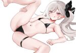  1girl :q ass barefoot bikini black_bikini blue_archive blush breasts chen_bingyou flower grey_hair hair_flower hair_ornament highres long_hair looking_at_viewer micro_bikini mutsuki_(blue_archive) navel pointy_ears purple_eyes side_ponytail simple_background small_breasts smile solo spread_legs swimsuit tongue tongue_out white_background 