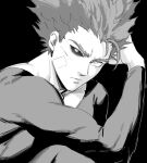 1boy absurdres arm_on_knee arm_rest bandaid bandaid_on_face bodysuit closed_mouth collarbone colored_sclera dudlesnoodles garou_(one-punch_man) greyscale highres knee_up long_sleeves looking_at_viewer male_focus monochrome muscular muscular_male one-punch_man pointy_hair skin_tight solo upper_body 