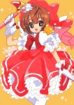  1girl :d absurdres antenna_hair bow bowtie brown_hair cardcaptor_sakura cowboy_shot creature dress frills fuuin_no_tsue glove_bow gloves green_eyes hat hat_bow highres holding holding_wand kero kinomoto_sakura kodama_(marugoto_omikan) looking_at_viewer magical_girl open_mouth pink_bow pink_dress pink_headwear puffy_sleeves red_bow short_hair simple_background smile standing thick_eyebrows wand white_bow white_gloves white_wings wings yellow_background 