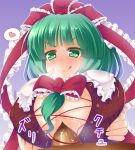  1boy 1girl :q bangs blue_background blunt_bangs bow breast_hold breasts closed_mouth cross-laced_clothes doyagao eyebrows_visible_through_hair frilled_ribbon frills front_ponytail gradient gradient_background green_eyes green_hair hair_bow hair_ribbon heart hetero highres kagiyama_hina large_breasts megawatt motion_lines paizuri paizuri_under_clothes red_bow red_ribbon ribbon smile smug spoken_heart tehepero tongue tongue_out touhou upper_body v-shaped_eyebrows 