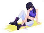  1girl bare_shoulders black_hair blue_legwear boots breasts hibike!_euphonium kamo_kamen kousaka_reina long_hair looking_at_viewer midriff navel open_mouth purple_eyes purple_nails shorts sitting sleeveless solo thighhighs 