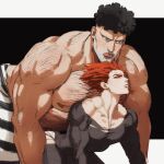  2boys absurdres all_fours black_hair blue_eyes bodysuit chest_hair closed_mouth collarbone colored_sclera dudlesnoodles facial_hair garou_(one-punch_man) highres looking_at_another male_focus multiple_boys one-punch_man orange_hair orange_sclera pants pointy_hair prison_clothes puri_puri_prisoner shirtless size_difference striped striped_pants stubble torn_clothes yaoi yellow_eyes 