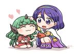  2girls :3 :d ^_^ bag bangs barefoot bow cape closed_eyes closed_mouth curly_hair eyebrows_visible_through_hair footwear_bow green_hair headpat heart horns kariyushi_shirt komainu komano_aunn long_hair long_sleeves looking_at_another multicolored multicolored_clothes multicolored_hairband multiple_girls open_mouth purple_eyes purple_footwear purple_hair red_shirt rokugou_daisuke seiza shirt short_hair short_sleeves shorts signature simple_background single_horn sitting smile tenkyuu_chimata touhou white_background white_bow white_cape white_shorts 