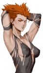  1girl absurdres armpits arms_behind_head arms_up black_bodysuit blush bodysuit breasts breasts_apart clenched_teeth colored_sclera covered_nipples dudlesnoodles eyebrows eyelashes garou_(one-punch_man) genderswap genderswap_(mtf) highres looking_at_viewer medium_breasts one-punch_man orange_hair orange_sclera pointy_hair scar scar_on_face simple_background solo teeth torn_clothes upper_body white_background yellow_eyes 