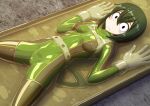  1girl asui_tsuyu bdsm belt black_eyes blush_stickers bodysuit boku_no_hero_academia bow_by_hair breasts commentary_request covered_nipples eyebrows_visible_through_hair frown gloves green_bodysuit green_hair harness highres latex long_hair looking_at_viewer lying medium_breasts on_back restrained sanpaku see-through skin_tight solo tamakko vacuum_bed 