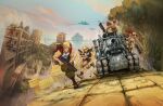  2boys 2girls baseball_cap blonde_hair brown_hair david_liu fio_germi green_bandana ground_vehicle gun hat highres kasamoto_eri knee_pads looking_at_viewer marco_rossi metal_slug metal_slug_tactics military military_vehicle motor_vehicle multiple_boys multiple_girls official_art riding sv001_(metal_slug) tank tarma_roving weapon 