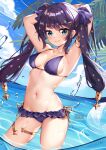  1girl :3 armlet armpits arms_behind_head arms_up bare_arms bare_shoulders bikini bikini_skirt black_hair blue_eyes breasts contrapposto day genshin_impact groin highres long_hair looking_at_viewer medium_breasts mona_megistus navel ocean outdoors purple_bikini smile solo squchan standing stomach string_bikini swimsuit thighlet thighs twintails wading water 