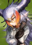  1girl bird_girl bird_wings black_fur black_gloves black_hair brown_hair buchi0122 collared_shirt eyebrows_visible_through_hair fur_trim glasses gloves hair_between_eyes head_wings highres jacket kemono_friends long_hair long_sleeves multicolored_hair orange_eyes orange_hair secretarybird_(kemono_friends) semi-rimless_eyewear shirt solo white_hair white_jacket wings yellow_gloves 