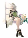  1girl animal_ear_fluff arknights backlighting bare_legs bare_shoulders black_footwear bouquet closed_mouth collar commentary_request crossed_legs dress eyebrows_visible_through_hair flower full_body green_dress green_eyes hand_on_lap high_heels highres kal&#039;tsit_(arknights) long_hair looking_at_viewer looking_to_the_side lynx_ears off-shoulder_dress off_shoulder oripathy_lesion_(arknights) procreate_(medium) samo_(shichun_samo) see-through_sleeves simple_background sitting solo stethoscope watch white_background white_hair wristwatch 