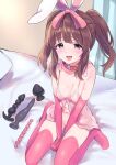  1girl absurdres anal_beads animal_ears bangs blunt_bangs breasts brown_eyes brown_hair bunny_ears collar commentary_request dildo elbow_gloves eyebrows_visible_through_hair fake_animal_ears gloves hair_ribbon highres idolmaster idolmaster_cinderella_girls looking_at_viewer medium_breasts naughty_face navel ogata_chieri on_bed open_mouth pink_legwear pink_ribbon red_collar ribbon sex_toy sitting solo sutora_binsuke sweat thighhighs wariza 