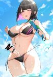  1girl :o ass_visible_through_thighs bare_arms bare_shoulders bikini black_bikini black_hair breasts censored cleavage colored_inner_hair cum day ejaculation erection futanari groin hair_ornament hairclip highres holding large_breasts looking_at_viewer luse_maonang multicolored_hair navel open_mouth original outdoors penis pink_eyes short_hair side-tie_bikini skindentation solo stomach string_bikini swimsuit thighs two-tone_hair wading water water_gun yuuki_mama 