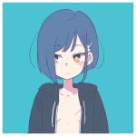  1girl aqua_background bangs blue_hair border cireng-kun collarbone darling_in_the_franxx english_commentary expressionless eyebrows_visible_through_hair hood hoodie ichigo_(darling_in_the_franxx) open_clothes open_hoodie orange_eyes scar scar_on_breasts scar_on_chest short_hair simple_background solo upper_body white_border 