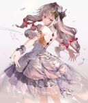  1girl bangs bow dress grey_hair hair_bow hair_ornament highres kouyafu long_hair looking_at_viewer looking_back nail_polish original outstretched_arms red_bow red_eyes see-through smile solo spread_arms white_background wrist_cuffs 