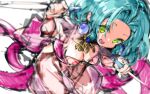  1girl :d back_bow bangs bow breasts colored_eyelashes cowboy_shot dagger dual_wielding earrings ellis_(toushinden) fujishima-sei_ichi-gou green_eyelashes green_eyes green_hair highres holding holding_dagger holding_weapon jewelry knife large_breasts leotard looking_at_viewer necklace open_mouth parted_bangs pink_bow reverse_grip round_teeth see-through_sleeves short_hair simple_background sketch smile solo teeth toushinden weapon white_background white_leotard 