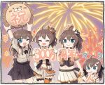  4girls aqua_eyes black_ribbon blush brown_hair chibi cowboy_shot ebi_frion_(natsuiro_matsuri) fireworks holding_hands hololive hololive_idol_uniform looking_at_viewer matsurisu milestone_celebration multiple_girls multiple_persona natsuiro_matsuri ribbon short_hair side_ponytail smile tonton_(tonz159) translated twintails virtual_youtuber wavy_hair younger 