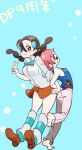  2girls bandaid barefoot black_hair blush breasts candice_(pokemon) chorimokki closed_mouth feet gym_leader hair_ornament long_hair looking_at_viewer maylene_(pokemon) multi-tied_hair multiple_girls open_mouth pink_eyes pink_hair pokemon pokemon_(game) pokemon_dppt short_hair skirt smile striped striped_legwear twintails 