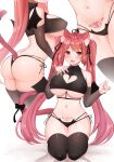  1girl :d animal_ear_fluff animal_ears arched_back arm_warmers ass bare_shoulders black_legwear black_panties black_shirt bow breasts cat_ear_panties cat_ears cat_girl cat_tail cleavage cleavage_cutout clothing_cutout covered_nipples fang from_behind gradient_hair hair_ribbon heart heart-shaped_pupils heart_cutout highres katsushika_pachi large_breasts lingerie long_hair looking_at_viewer mini_wings multi-strapped_panties multicolored_hair multiple_views navel open_mouth original panties pink_hair pubic_tattoo red_eyes ribbon shirt side-tie_panties sleeveless sleeveless_shirt sleeveless_turtleneck smile stomach string_panties symbol-shaped_pupils tail tail_bow tail_ornament tattoo thighhighs thighs turtleneck twintails underboob underwear very_long_hair 